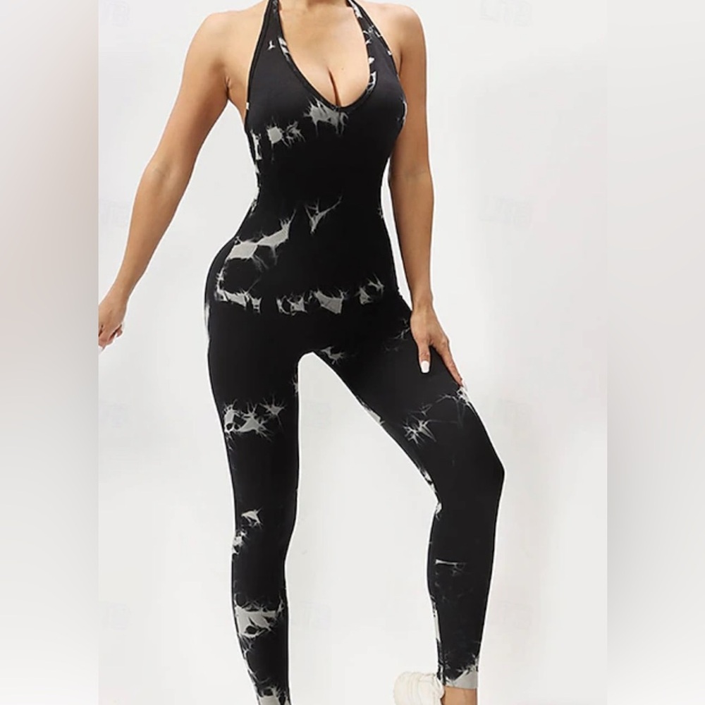 Scrunchbutt halter navy blue tie dye backless halter romper jumpsuit